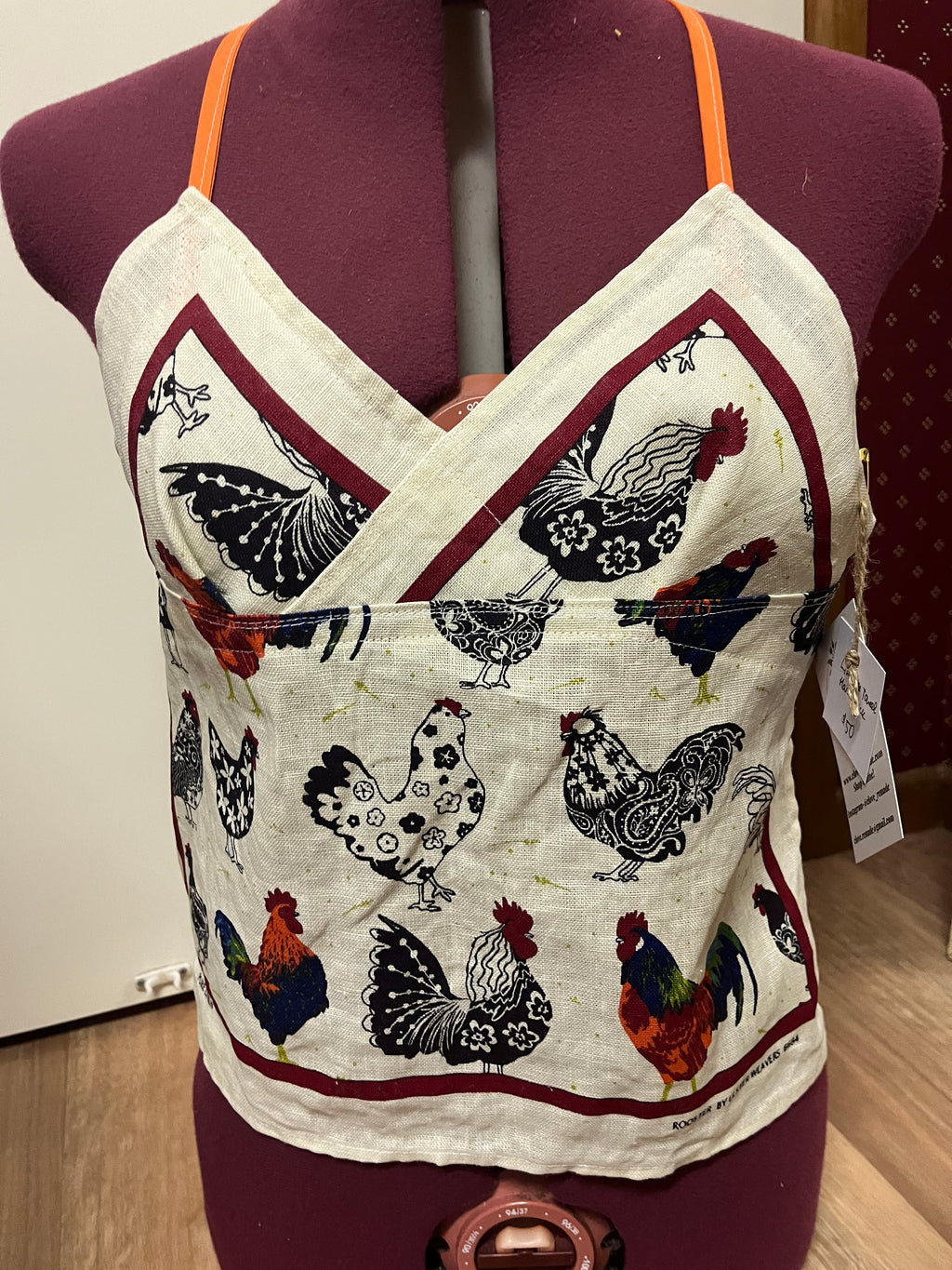Pure linen “Roosters” halter neck top. Up to size 16