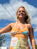 Vintage linen halter neck top. “Tropical Fruit-Australia. Size 8-18.