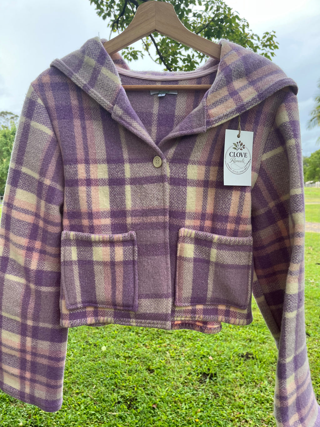 Jacket-Hooded Crop- Vintage Woollen Blanket. Size 12-14