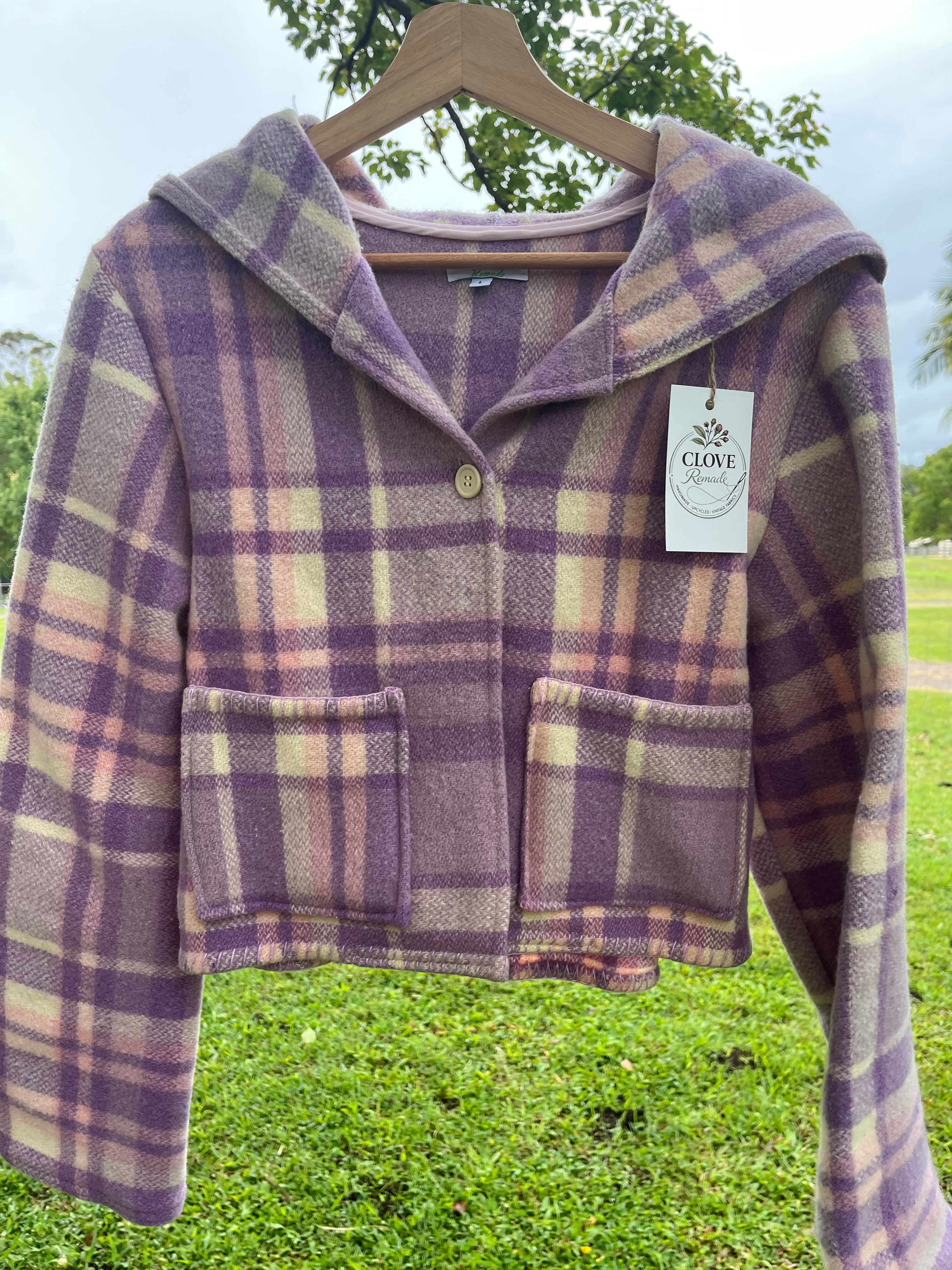 Jacket-Hooded Crop- Vintage Woollen Blanket. Size 12-14