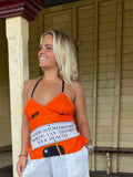 Vintage linen tea towel halter neck top. “Smoking Warning” Size 8-18.