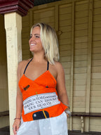 Vintage linen tea towel halter neck top. “Smoking Warning” Size 8-18.