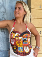 Vintage linen halter neck top. “Brewed in Australia”. Size 8-18