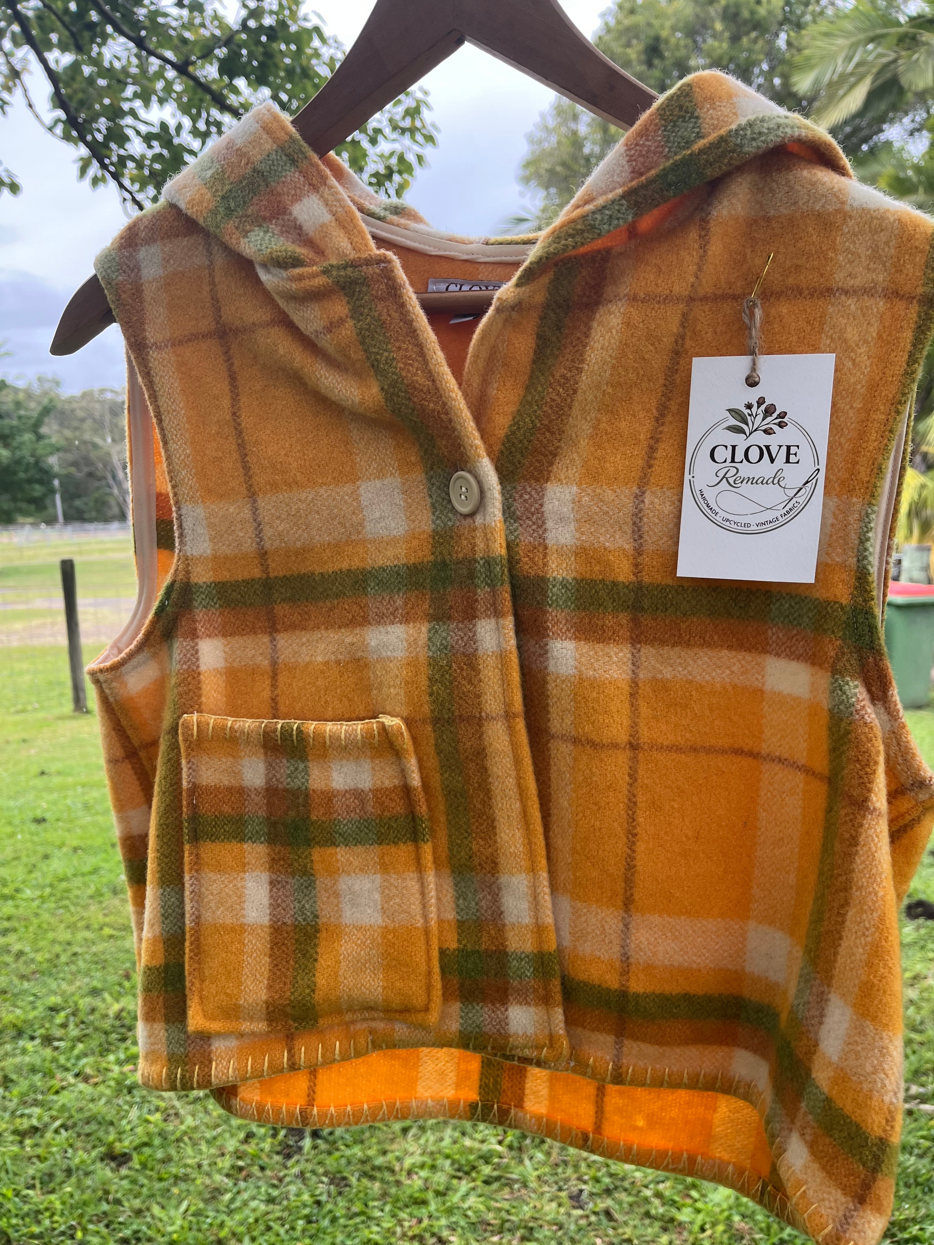 Vest-Vintage Woollen Blanket-Hooded-Crop. Size 6-8
