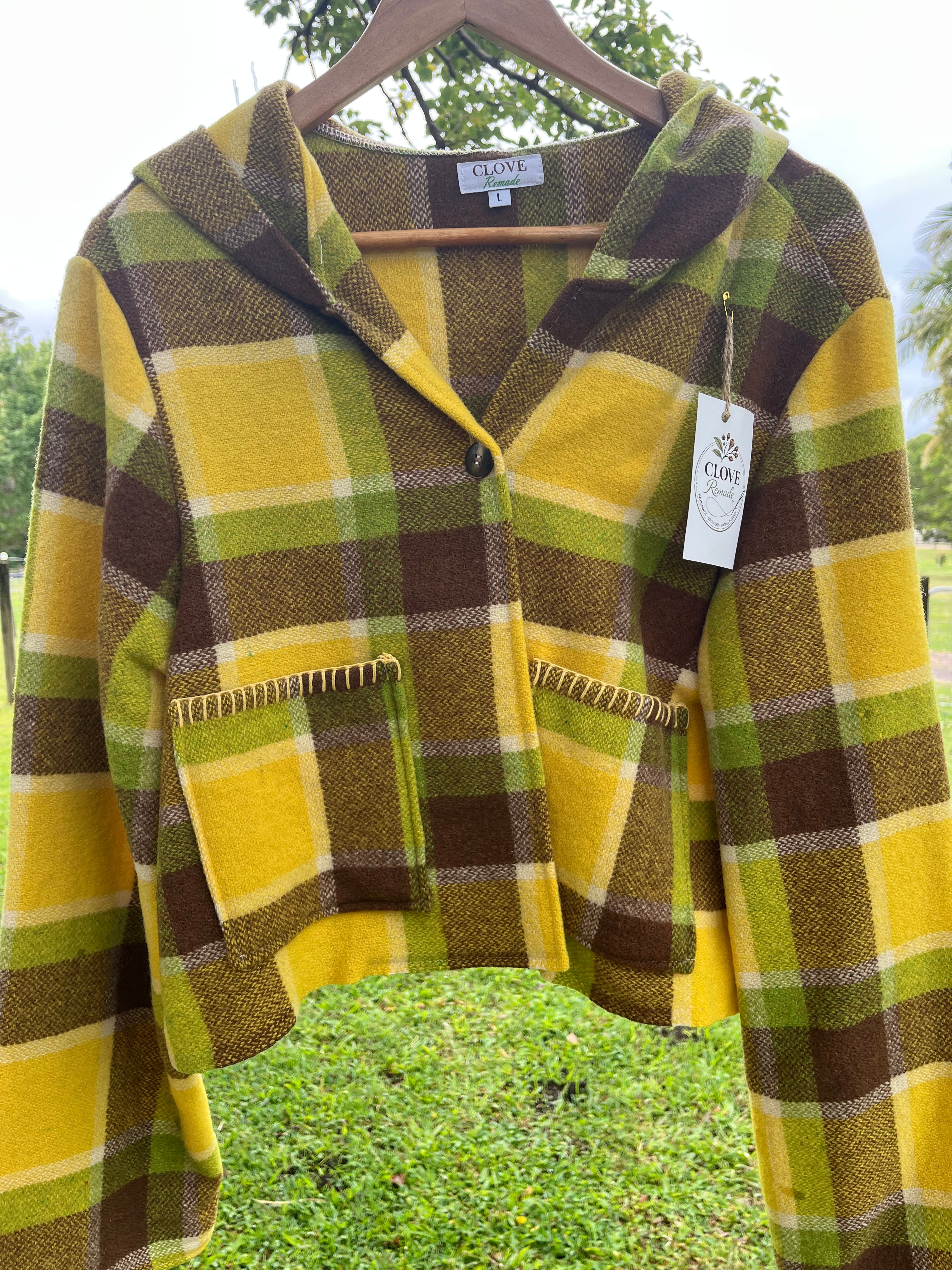 Jacket-Vintage Woollen Blanket-Crop/Hooded. Size 12-14