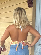 Vintage linen halter neck top. “Tropical Fruit-Australia. Size 8-18.