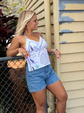 Vintage tea towel halter neck top. “Lavender” Size 8-14