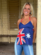 Vintage tea towel halter neck top. “Australian flag”. Size 12A/B