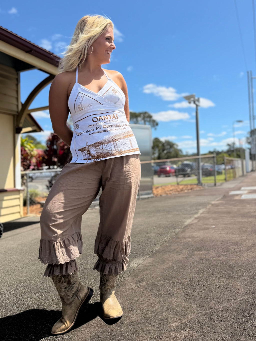 Tea towel halter neck top- “Qantas” size 8-14