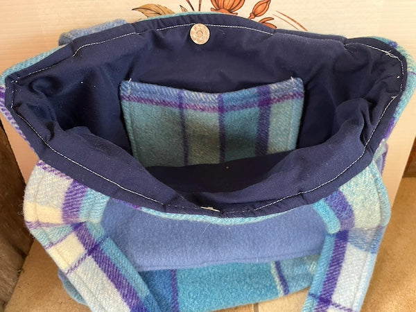 Blue Plaid Front Pocket Upcycled Wool Blanket Tote Bag Inside Lining