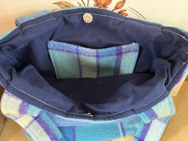 Blue Plaid Front Pocket Upcycled Wool Blanket Tote Bag Inside Pocket