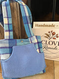 Blue Plaid Front Pocket Upcycled Wool Blanket Tote Bag Front View