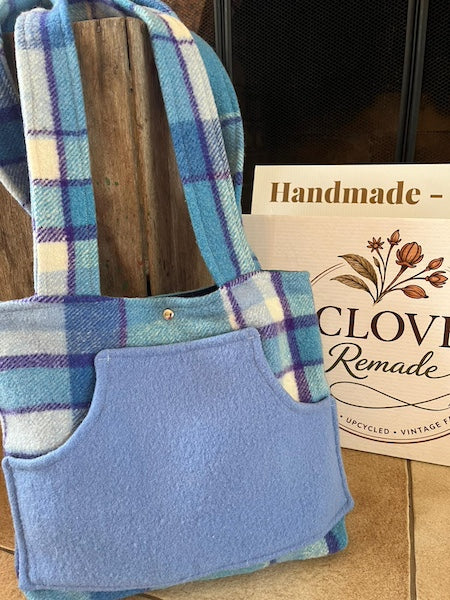 Blue Plaid Front Pocket Upcycled Wool Blanket Tote Bag Front View