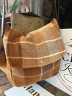 Brown Plaid Wool Blanket Messenger Bag Front Close