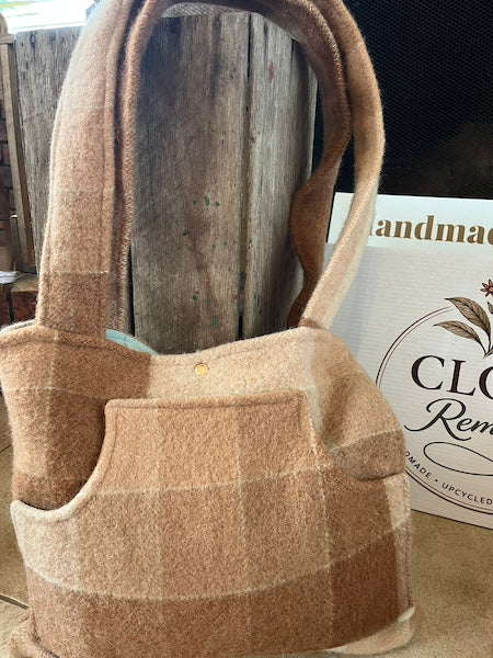 Caramel Brown Plaid Front Pocket Upcycled Wool Blanket Tote Bag Front View