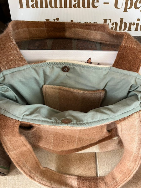 Caramel Brown Plaid Front Pocket Upcycled Wool Blanket Tote Bag Inside Pocket