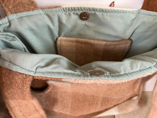 Caramel Brown Plaid Front Pocket Upcycled Wool Blanket Tote Bag Sage Green Lining