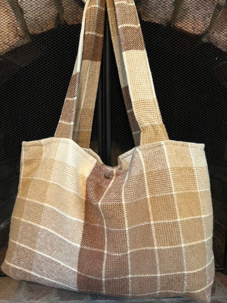 Large vintage wool blanket tote bag in natural caramel brown tones by Clove Remade
