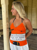 Vintage linen tea towel halter neck top. “Smoking Warning” Size 8-18.