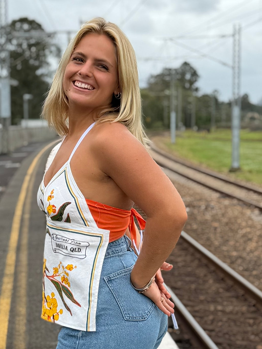 Vintage tea towel halter neck top “Boulia Qld” Size 12A/B