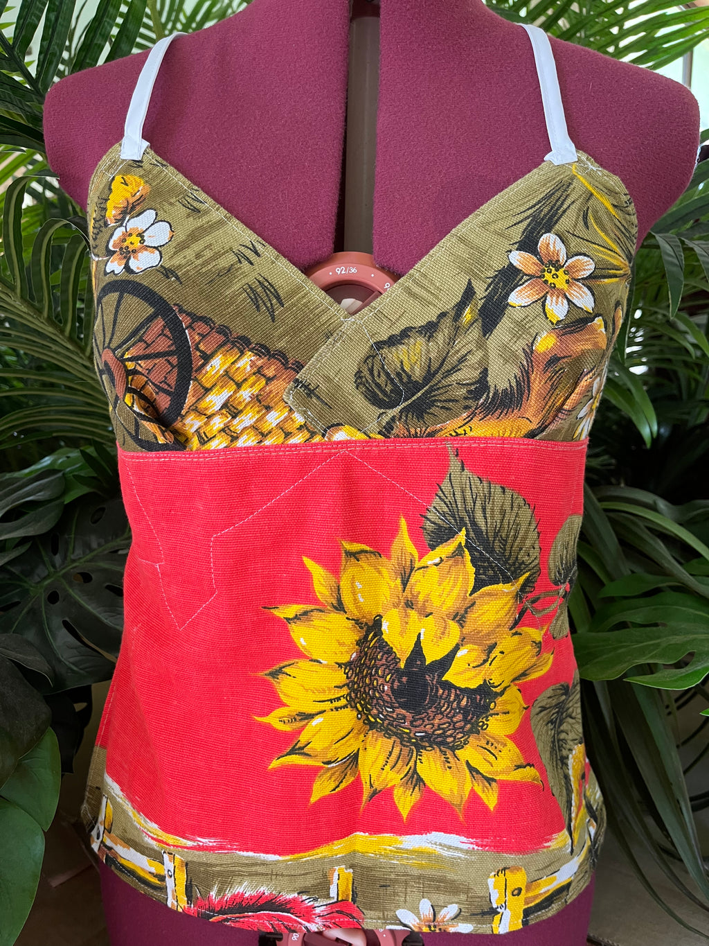 Vintage tea towel halter neck top “Sunflower’s” Size 14B/C