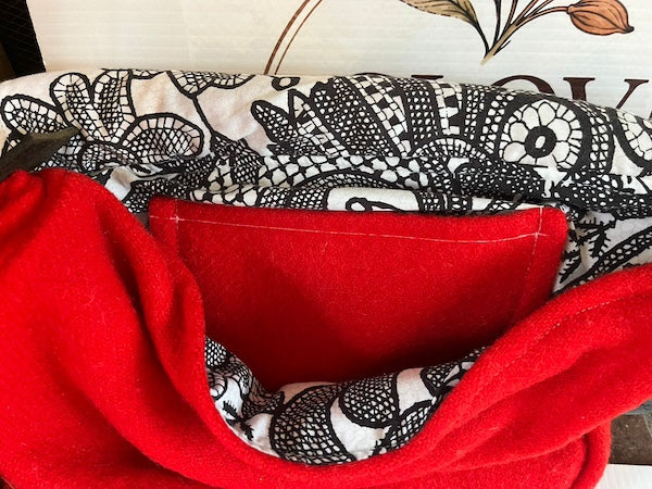 Clove Remade Vintage Red Wool Blanket Messenger Bag with stunning black and white lining. Striking, Vibrant, statement bag.