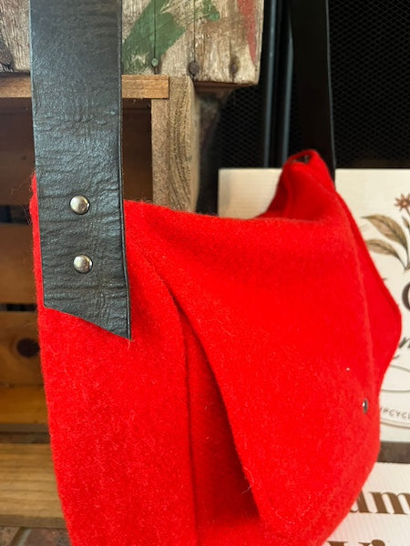 Vibrant Red Vintage Wool Blanket Messenger Bag side view