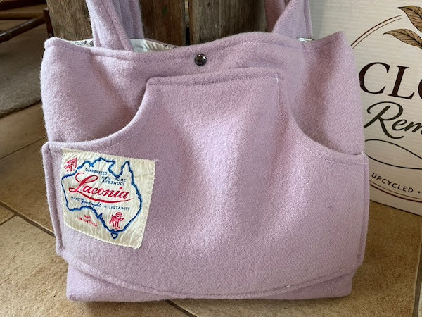 Lilac Front Pocket Upcycled Wool Blanket Tote Bag Front Close Up