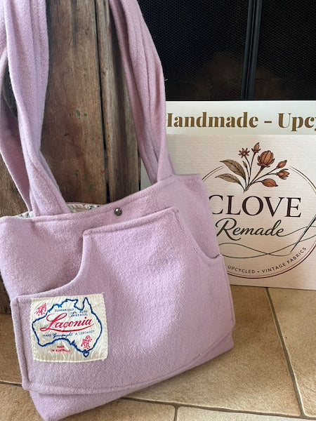 Lilac Front Pocket Upcycled Wool Blanket Tote Bag Promo View