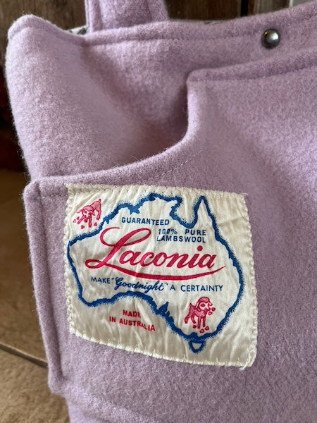 Lilac Front Pocket Upcycled Wool Blanket Tote Bag Vintage Label Feature