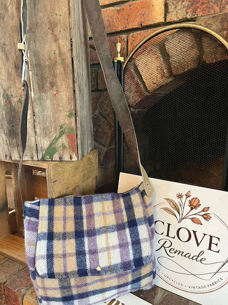 Large Plaid Mauve Vintage Wool Messenger Bag with Up-cycled Belt Straps