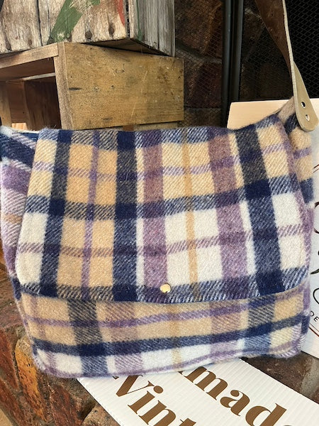 Mauve Plaid Vintage Wool Blanket Messenger Bag Large by Clove Remade