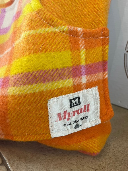 Retro Orange Plaid Front Pocket Upcycled Wool Blanket Tote Bag Vintage Label Feature