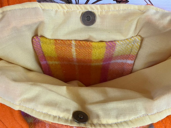 Retro Orange Plaid Front Pocket Upcycled Wool Blanket Tote Bag Inside Lining