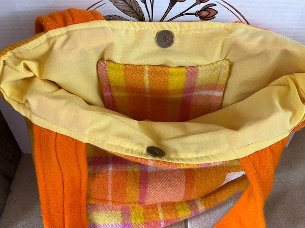 Retro Orange Plaid Front Pocket Upcycled Wool Blanket Tote Bag Inside Pocket