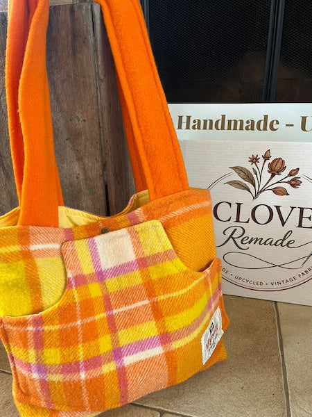 Retro Orange Plaid Front Pocket Upcycled Wool Blanket Tote Bag Promo View