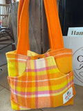 Retro Orange Plaid Front Pocket Upcycled Wool Blanket Tote Bag Front View