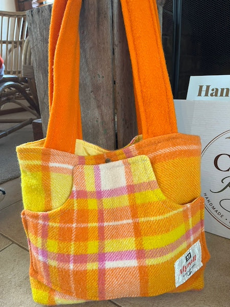 Retro Orange Plaid Front Pocket Upcycled Wool Blanket Tote Bag Front View