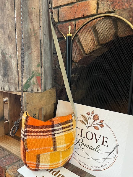 Clove-Remade Upcycled Wool Blanket Messenger Bag in Retro Orange Plaid