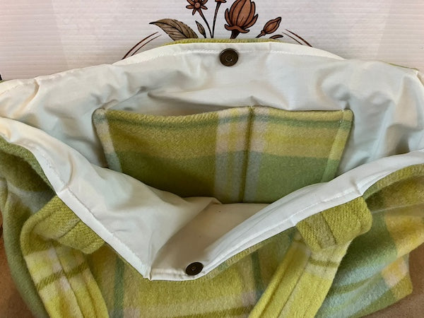 Green Plaid Blanket Wool Tote Inside Pocket View, upcycled vintage bag large