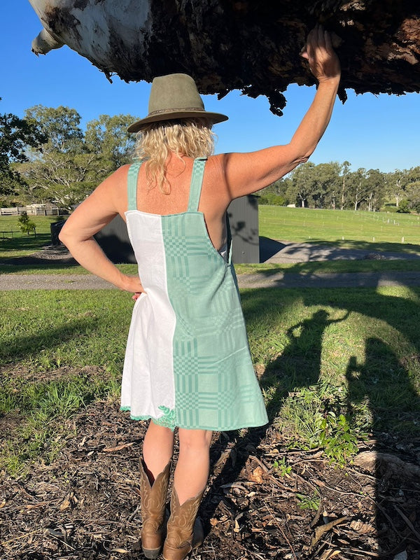 Pinafore Dress Seafoam Green and White Linen Back View
