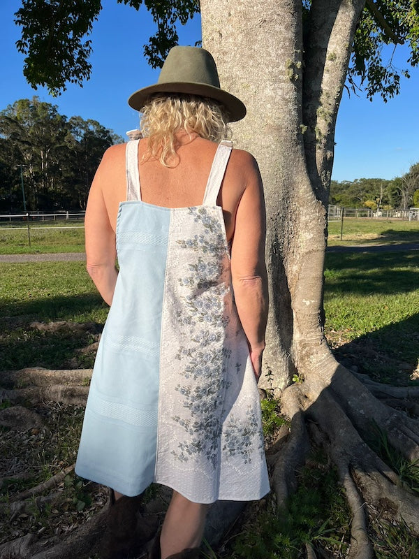 Powder Blue Vintage Upcycled Pinafore with Bluebell floral detail back view