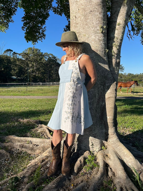 Pinafore Dress Bluebell Meadow - vintage upcycled linen with powder blue panel and white linen panel with blue blossoms