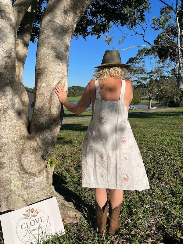PInafore Dress Upcycled Blush Blossom Ivory Linen back view promo