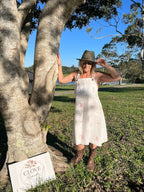 Pinafore Dress Upcycled Blush Blossom Ivory Linen Front View