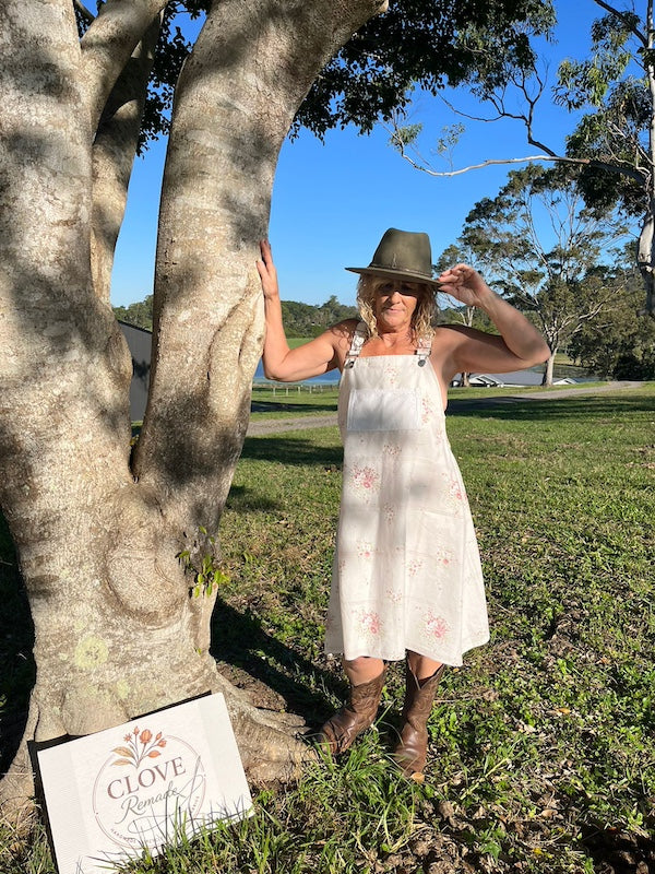 Pinafore Dress Upcycled Blush Blossom Ivory Linen Front View