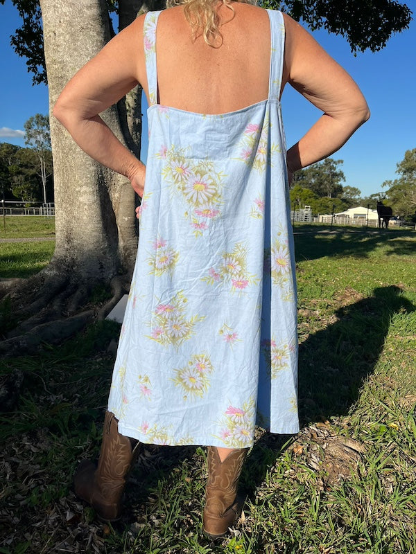 Gorgeous Baby Blue Cotton Pinafore Dress with Daisies in Yellow and Pink Back View