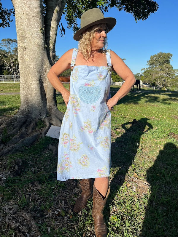 Sky Blue Pinafore with Daisies Upcycled Vintage Cotton