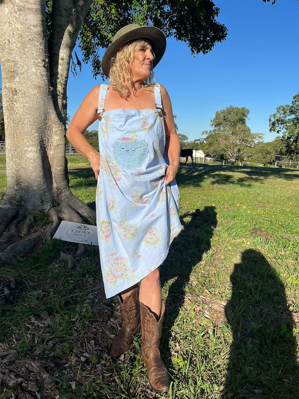 Powder Blue Cotton Pinafore Upcycled with Pink and Yellow Daisies