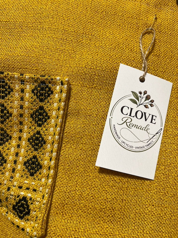 Clove Remade Mustard Upcycled Pinafore Dress in Mustard with Tribal Braid Pocket Detail 